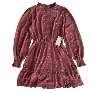 Sweet Wanderer Women's M Mauve Gold Metallic Polka Dots Long Sleeve Ruffle Dress